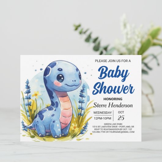 Bohemian Blue Custom Dinosaur Boy Baby shower Kaart (Staand voorkant)