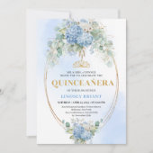 Bohemian Blue Floral Eucalyptus Quinceañera Invite Kaart (Voorkant)