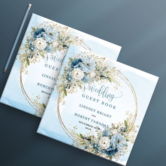 Bohemian Blue Floral Gold Wedding Guest Book Gastenboek