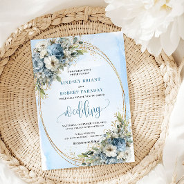 Bohemian Blue Floral Gold Wedding Invitation Kaart