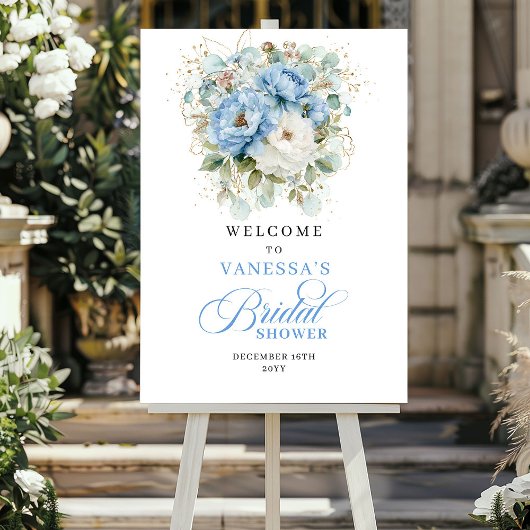 Bohemian Blue Floral Greenery Bridal Shower Welcom Poster