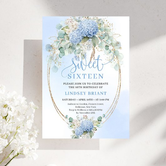 Bohemian Blue Floral Sweet 16 Birthday Invitation Kaart
