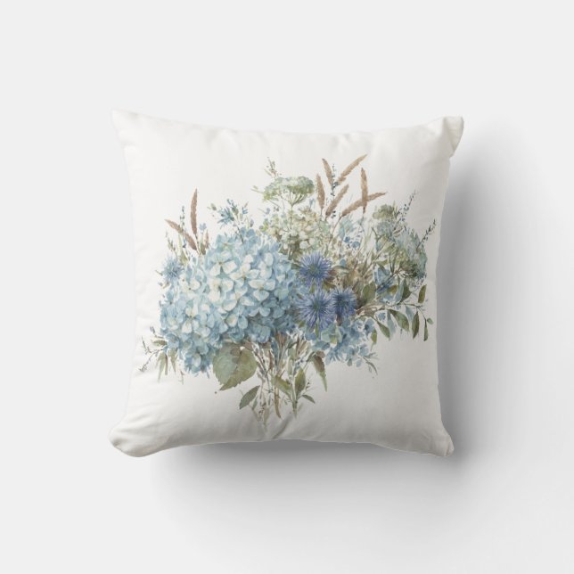 Bohemian Blue Floral Waterverf Bouquet Kussen (Voorkant)