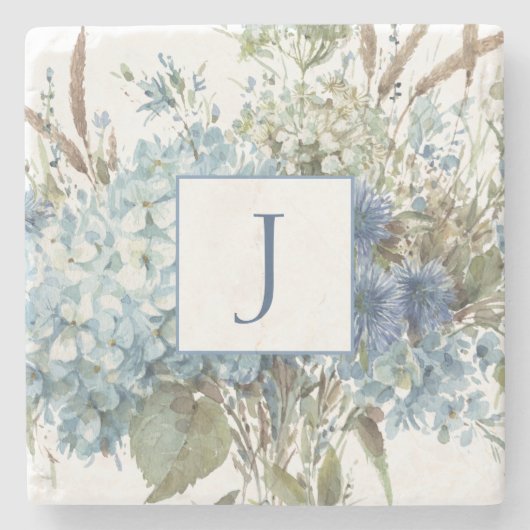 Bohemian Blue Floral Waterverf Bouquet Stenen Onderzetter (Voorkant)