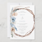 Bohemian Blue Floral Wreath Wedding Kaart (Voorkant)