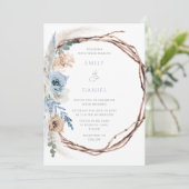 Bohemian Blue Floral Wreath Wedding Kaart (Staand voorkant)