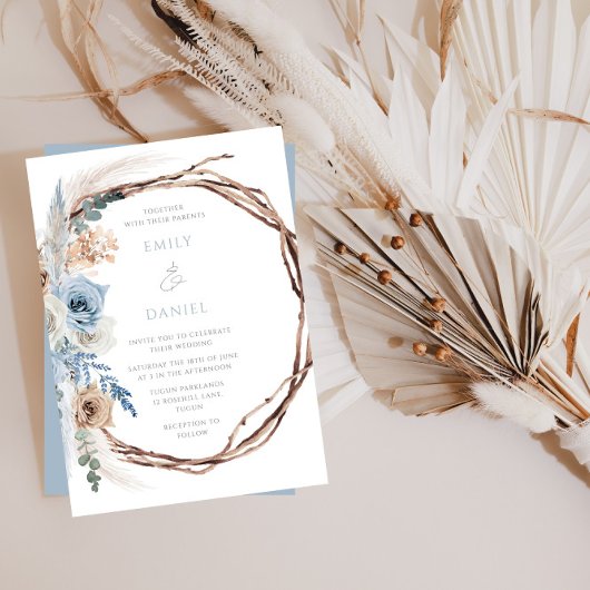Bohemian Blue Floral Wreath Wedding Kaart