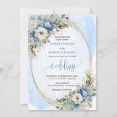 Bohemian Blue Flowers Gold Frame Wedding Invite Kaart (Voorkant)