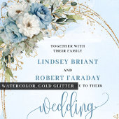 Bohemian Blue Flowers Gold Frame Wedding Invite Kaart