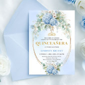 Bohemian Blue Flowers Gold Quinceañera Invitation Kaart