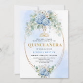 Bohemian Blue Flowers Gold Quinceañera Invitation Kaart (Voorkant)