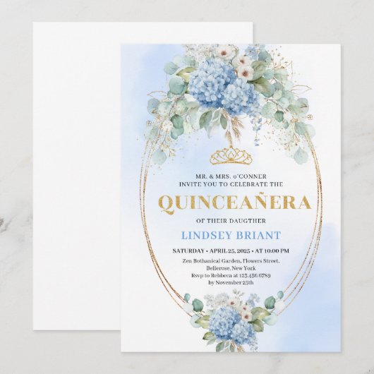 Bohemian Blue Flowers Gold Quinceañera Invitation Kaart (Voorkant / Achterkant)