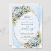 Bohemian Blue Flowers Greenery Gold Wedding Invite Kaart (Voorkant)