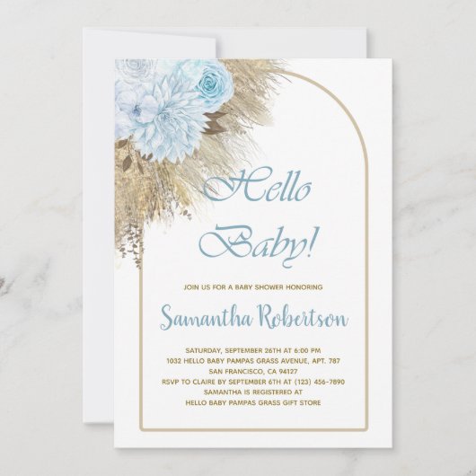 Bohemian Blue Pampas Grass Boho Boy Baby shower Kaart (Voorkant)