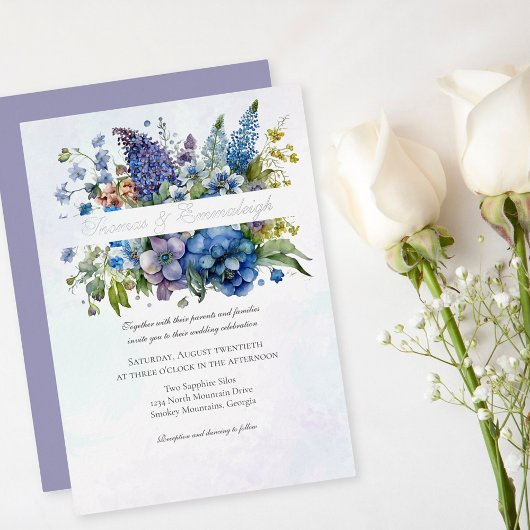 Bohemian Blue-Violet Waterverf Bloemen Bruiloft Folie Uitnodiging