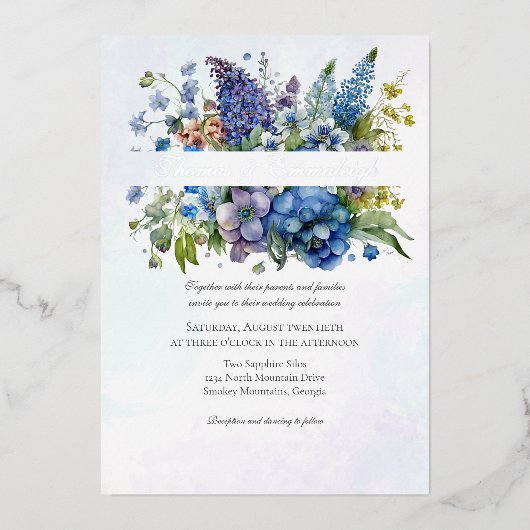 Bohemian Blue-Violet Waterverf Bloemen Bruiloft Folie Uitnodiging (Voorkant)