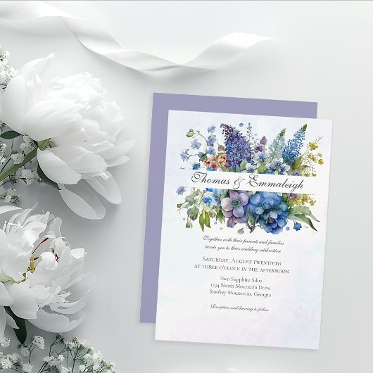 Bohemian Blue-Violet Waterverf Bloemen Bruiloft Kaart