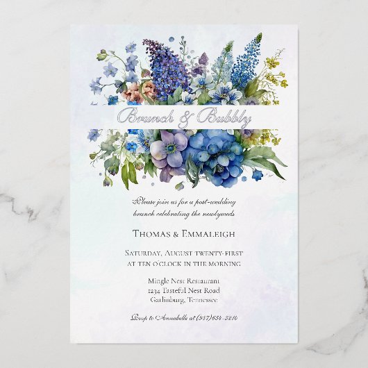 Bohemian Blue-Violet Waterverf Brunch & Bubbly Folie Uitnodiging (Voorkant)