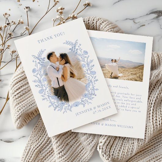 Bohemian Blue Wildflower Classic bruiloft foto Bedankkaart