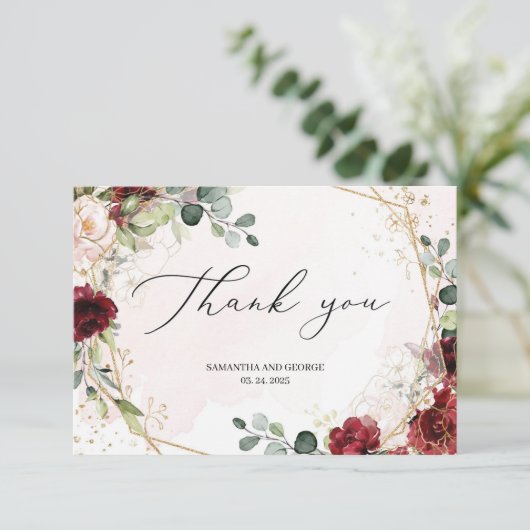 Bohemian Blush bordeaux gouden geometrische bruilo Bedankkaart (Staand voorkant)