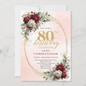 Bohemian Blush Burgundy Flowers 80th Birthday  Kaart (Voorkant)
