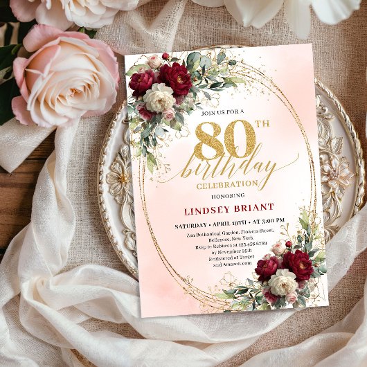 Bohemian Blush Burgundy Flowers 80th Birthday  Kaart