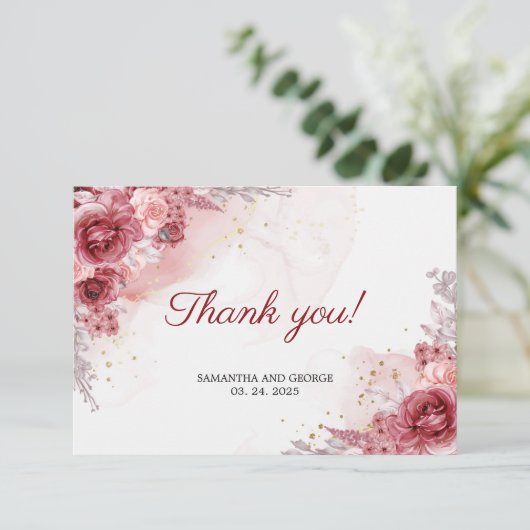 Bohemian Blush Burgundy Rozen Faux Gold Wedding Bedankkaart (Staand voorkant)