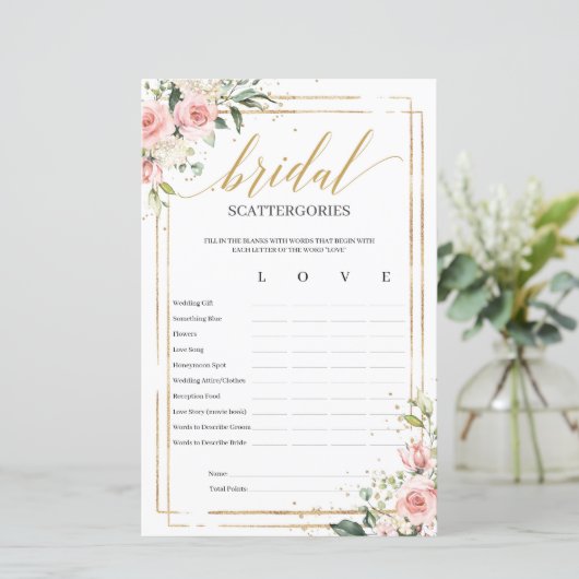 Bohemian blush floral Bridal Scattergories game (Staand voorkant)