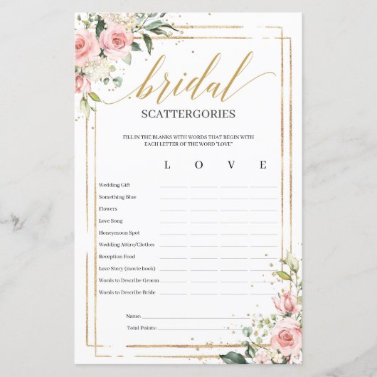 Bohemian blush floral Bridal Scattergories game (Voorkant)