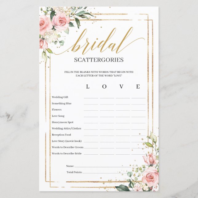 Bohemian blush floral Bridal Scattergories game (Voorkant)