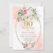 Bohemian Blush Floral Gold Greenery 90th Birthday Kaart (Voorkant)