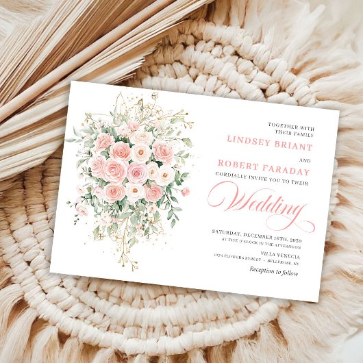 Bohemian Blush Floral Gold Wedding Invitation Kaart