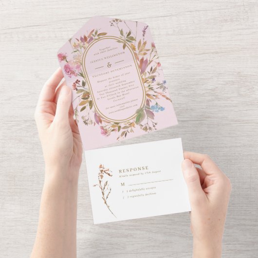 Bohemian Blush & Gold Wildflower Lijst Weddenschap All In One Uitnodiging (Afscheurbaar)