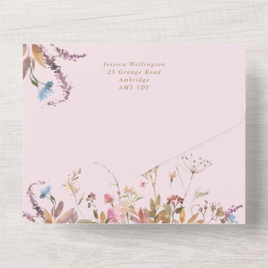 Bohemian Blush & Gold Wildflower Lijst Weddenschap All In One Uitnodiging (Achterkant)