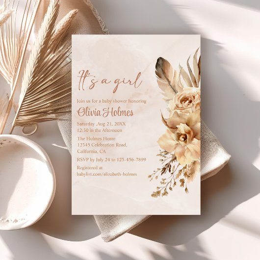 Bohemian Blush Pampas Grass Orchid Baby shower Kaart