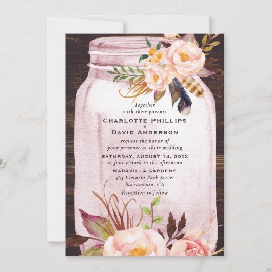 Bohemian Blush Pink Mason Jar Bloemen Huwelijk Kaart (Voorkant)