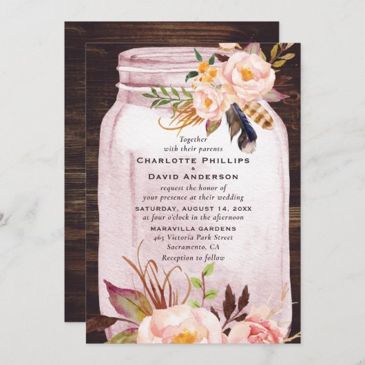 Bohemian Blush Pink Mason Jar Bloemen Huwelijk Kaart (Voorkant / Achterkant)