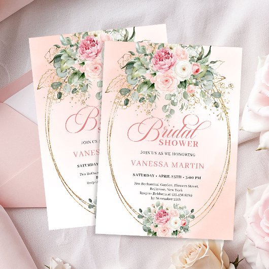 Bohemian Blush Roses Eucalyptus Gold Bridal Shower Kaart