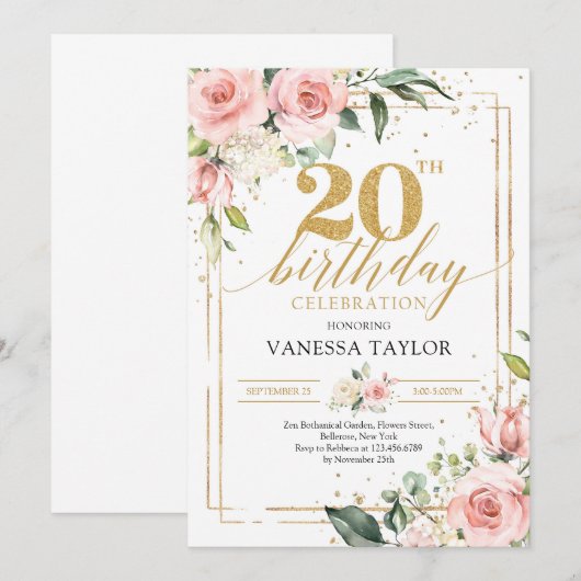 Bohemian blush roze bloemengroen goud 20 verjaarda kaart (Voorkant / Achterkant)