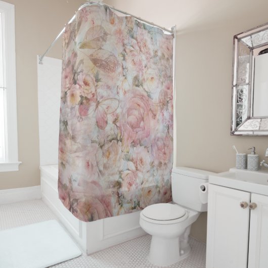 Bohemian blush roze collage florale typografie douchegordijn (In situ)
