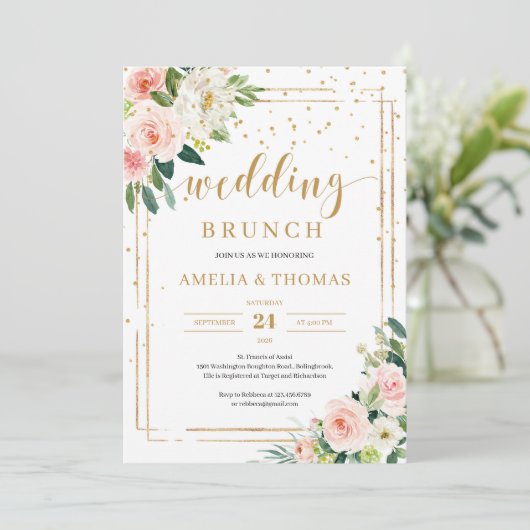 BOhemian blush roze floral gold bruiloft brunch Kaart (Staand voorkant)