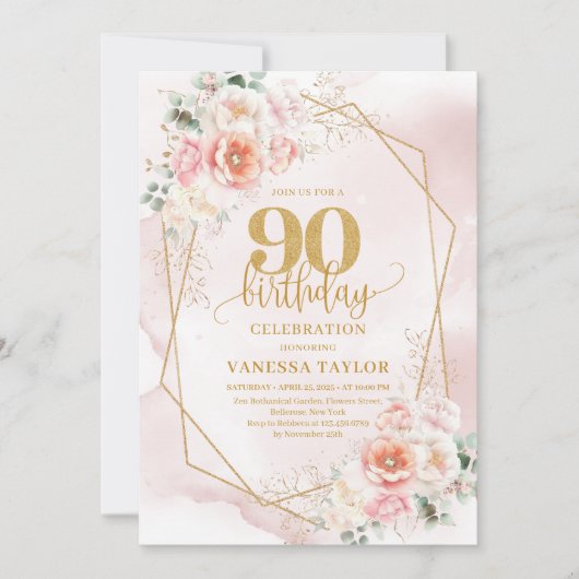 Bohemian Blush Roze Gouden Bloem 90ste Verjaardag Kaart (Voorkant)