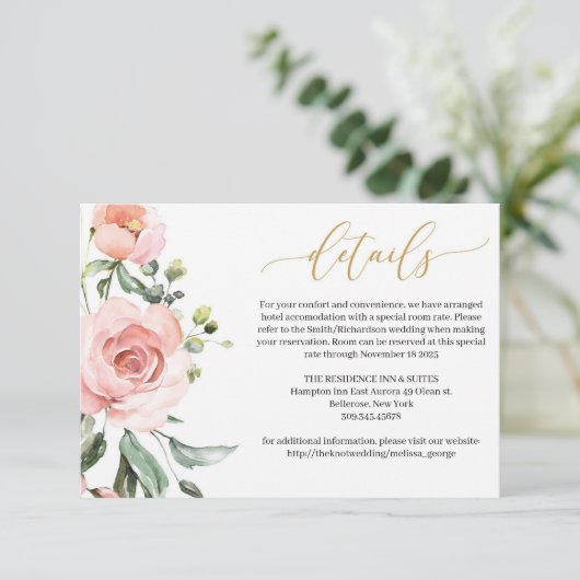 Bohemian blush roze perzik bloemengoud details kaa informatiekaartje (Staand voorkant)