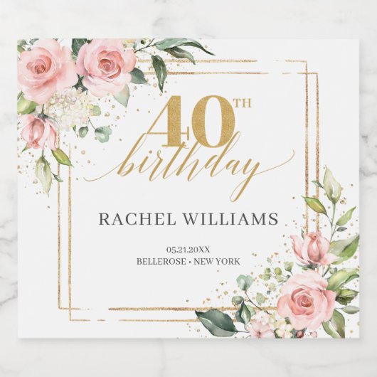 Bohemian Blush rozen eucalyptusgoud 40ste verjaard Sparkling Wijnetiket (Enkel label)