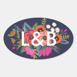 Bohemian Boeket - Navy Blue Bruiloft Initialen Ovale Sticker