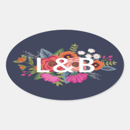 Bohemian Boeket - Navy Blue Bruiloft Initialen Ovale Sticker