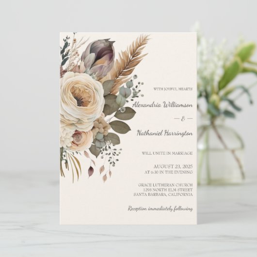 Bohemian Boeket & Veren Bruiloft Kaart (Staand voorkant)