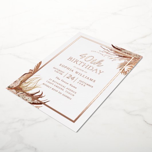 Bohemian Boho 40e verjaardag Roos Gold Folie Uitnodiging (Gedraaid)