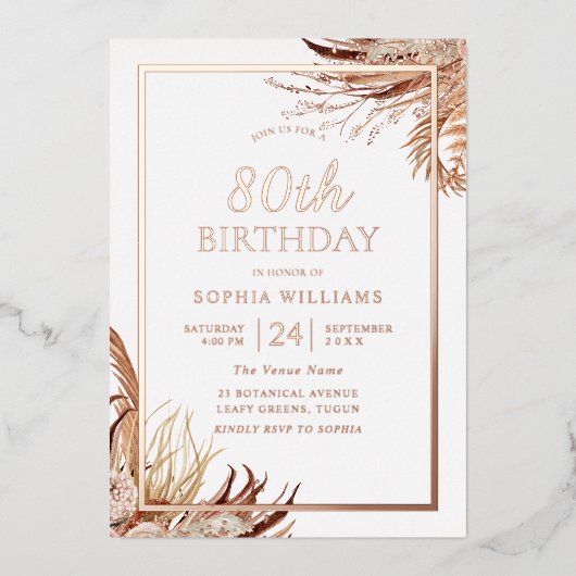 Bohemian Boho 80th Birthday Party Roos Gold Folie Uitnodiging (Voorkant)
