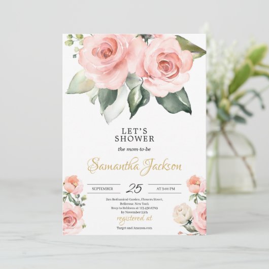 Bohemian Boho blush roze bloemengoud Baby shower Kaart (Staand voorkant)